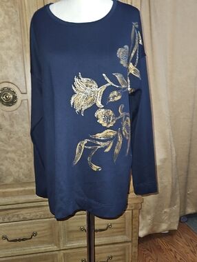 Chico's Navy Sweatshirt Tunic with Gold Metallic Floral Accent Like New!
